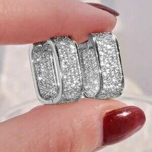 New Silver Cluster Pave Simulated Diamond Oblong Mod Huggie Hoop Earrings